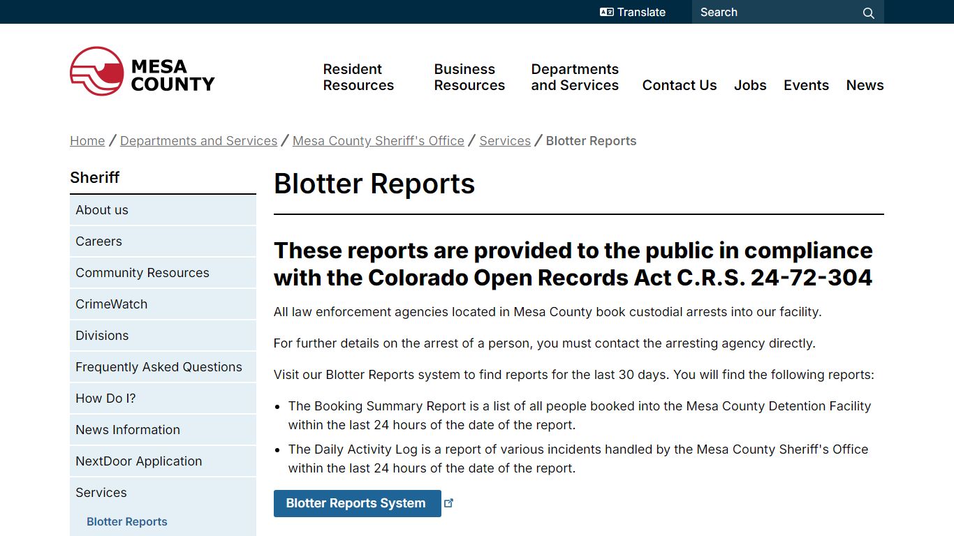 Blotter Reports | Mesa County - Mesa County, Colorado